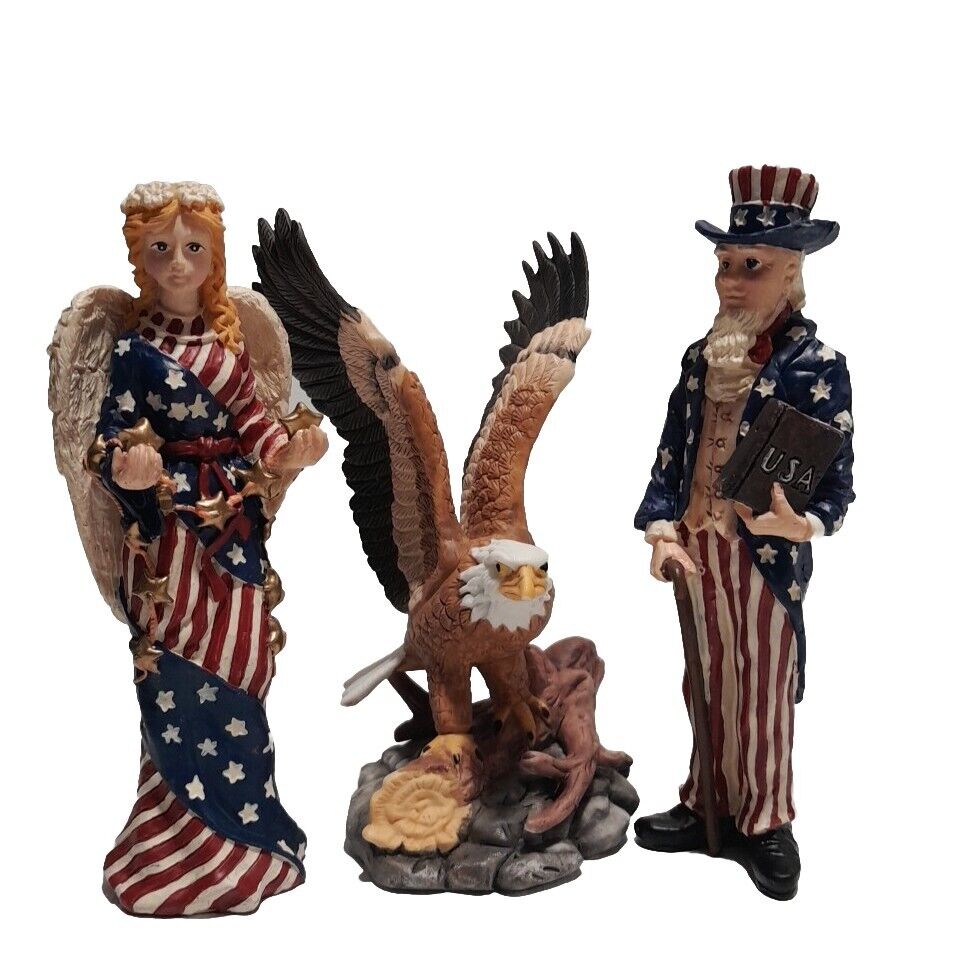  3x Vtg   Patriotic Resin Ceramic Figurine Uncle Sam Lady Liberty American Eagle