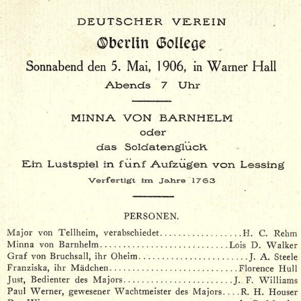 1906 Oberlin College German Club Minna Von Barnhelm Play Program Warner Hall