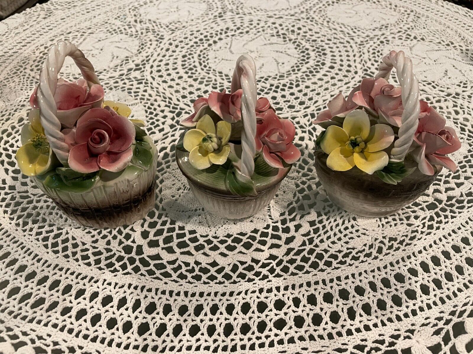 Cottagecore Vintage Capodimonte Baskets Pink & Yellow Roses/Flowers (Set of 3)