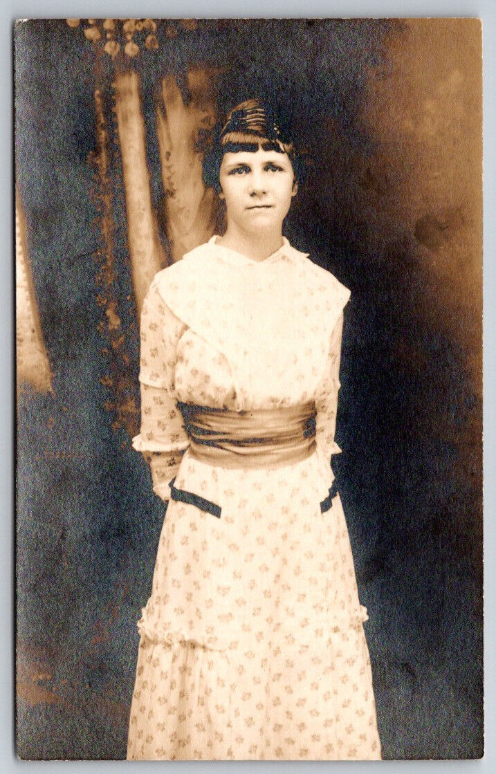 Self Portrait of Woman in Floral Dress Real Photo Postcard RPPC