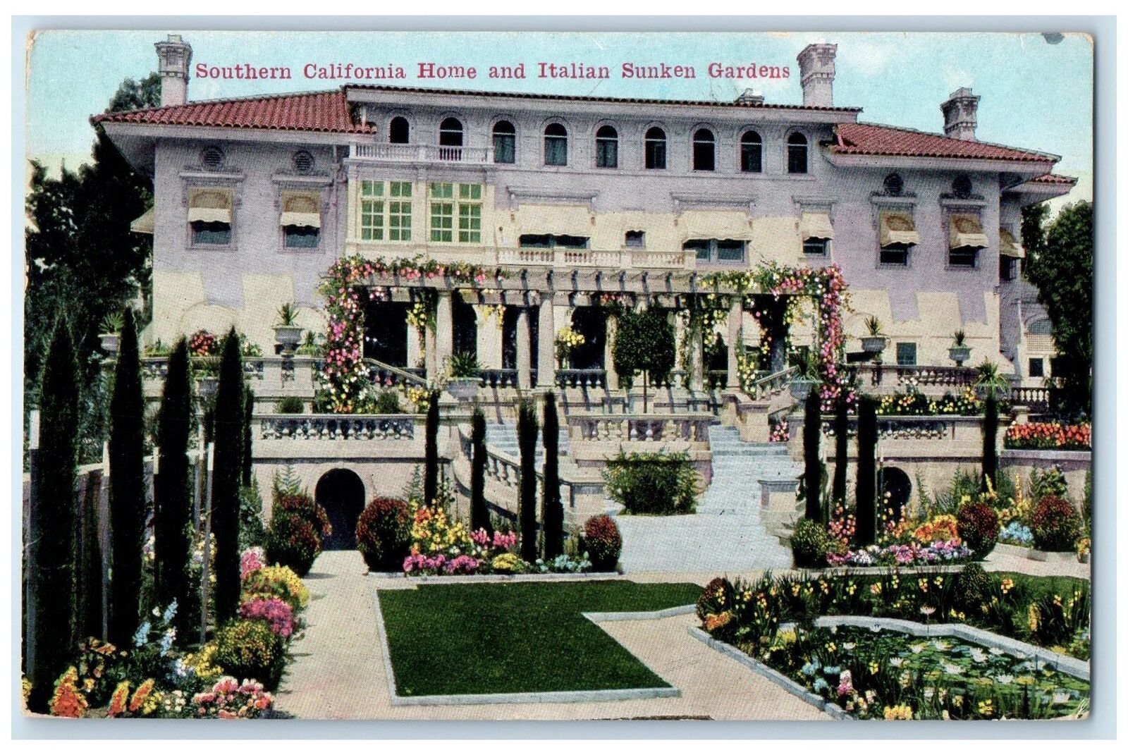 1916 Southern California Home & Italian Sunken Garden LA California CA Postcard