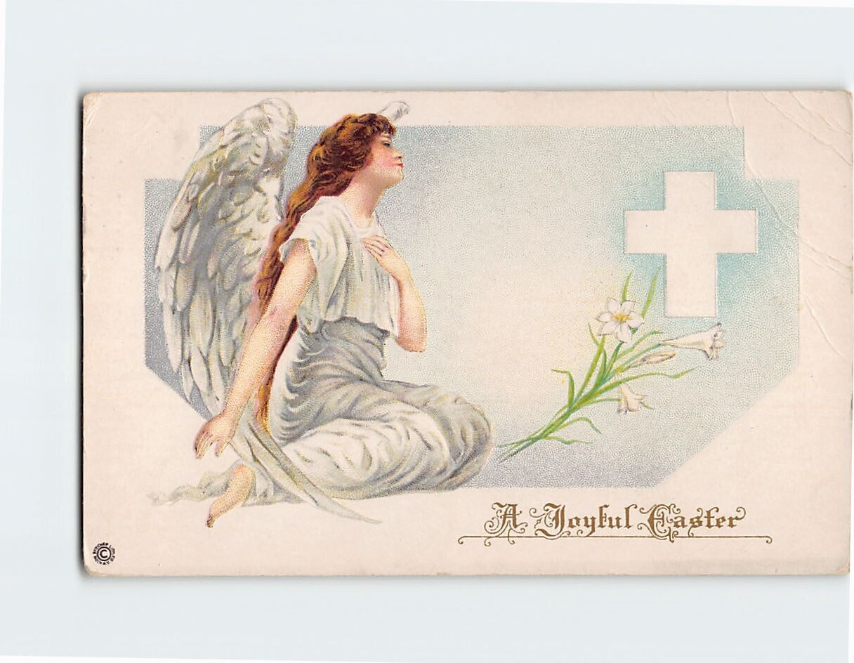 Postcard A Joyful Easter with Angel Flowers Cross Embossed Art Print