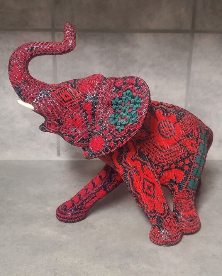 Vintage Huichol Beaded Mexican Folk Art Elephant Plaster Sculpture Micro Beads..