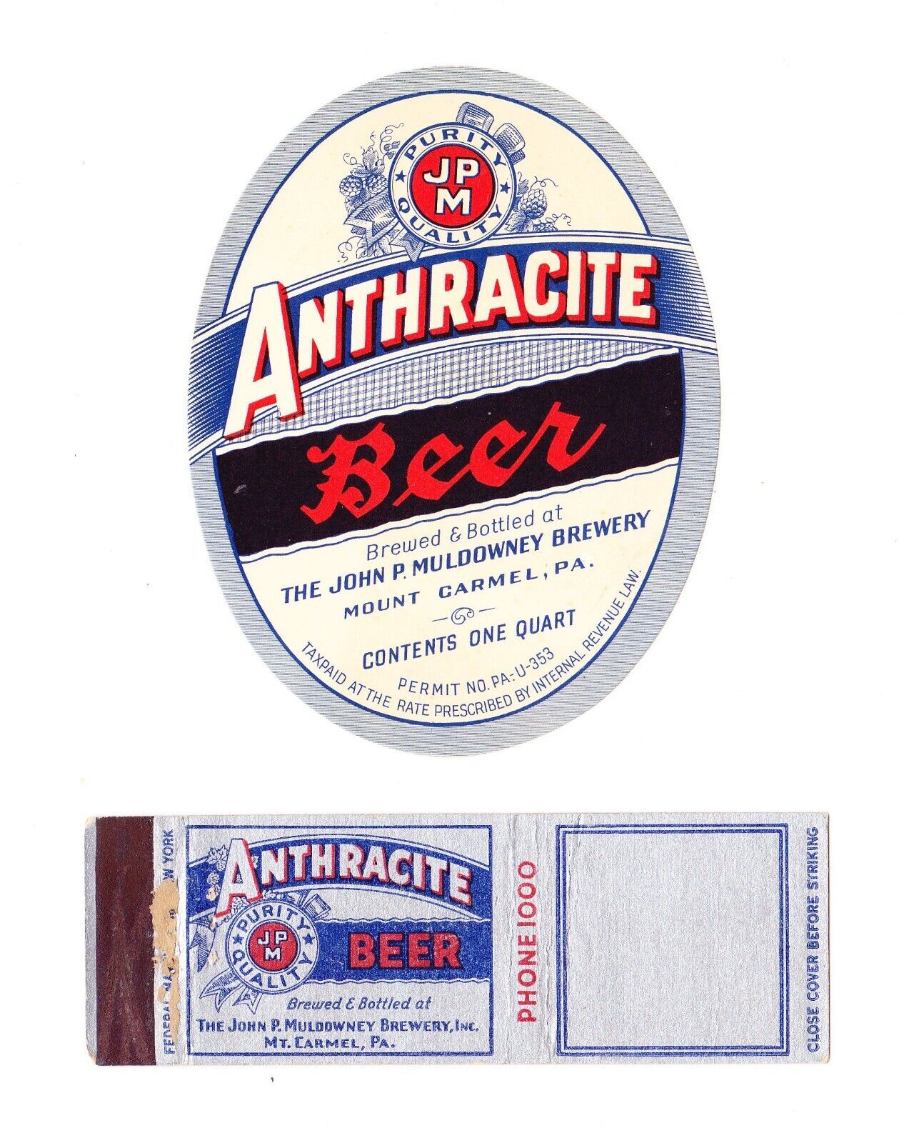MEGA-RARE 1930s U-Permit ANTHRACITE BEER label & matchbook from PENNSYLVANIA 