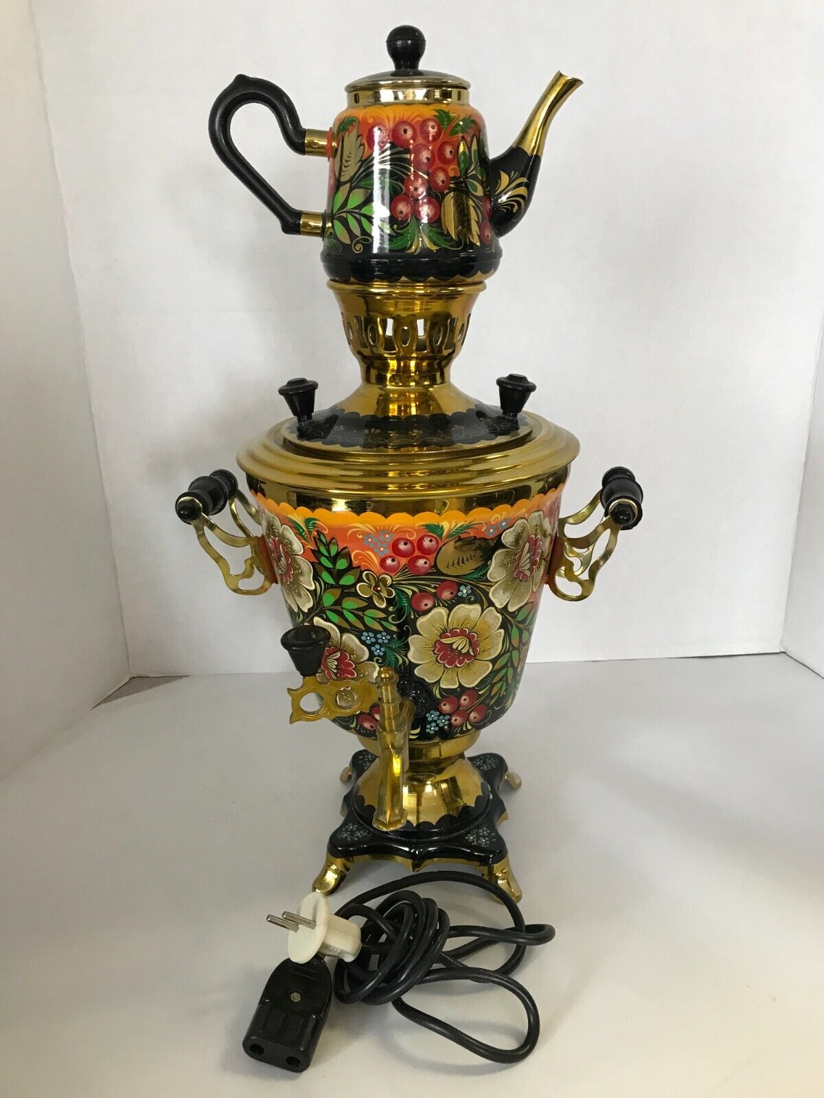 Vintage Russian Samovar w/ Teapot Floral Electric gold Wooden handles