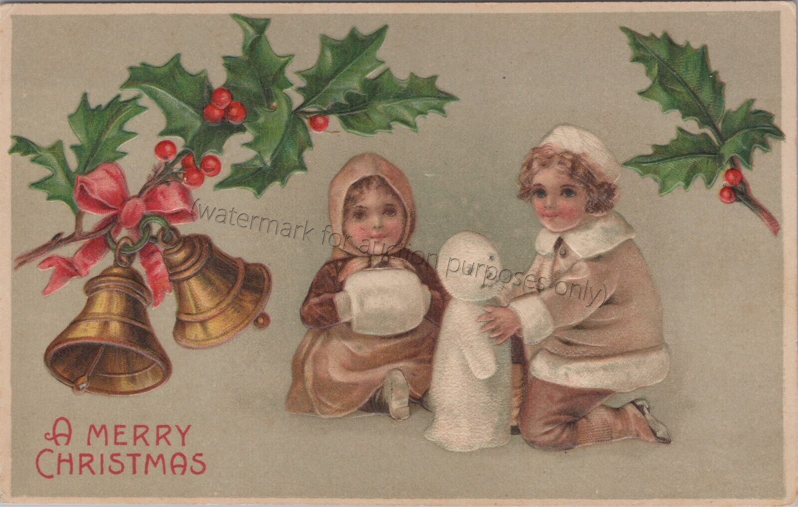 A Merry Christmas - Tiny Snowman Holiday Vintage Embossed Illustrated Postcard 
