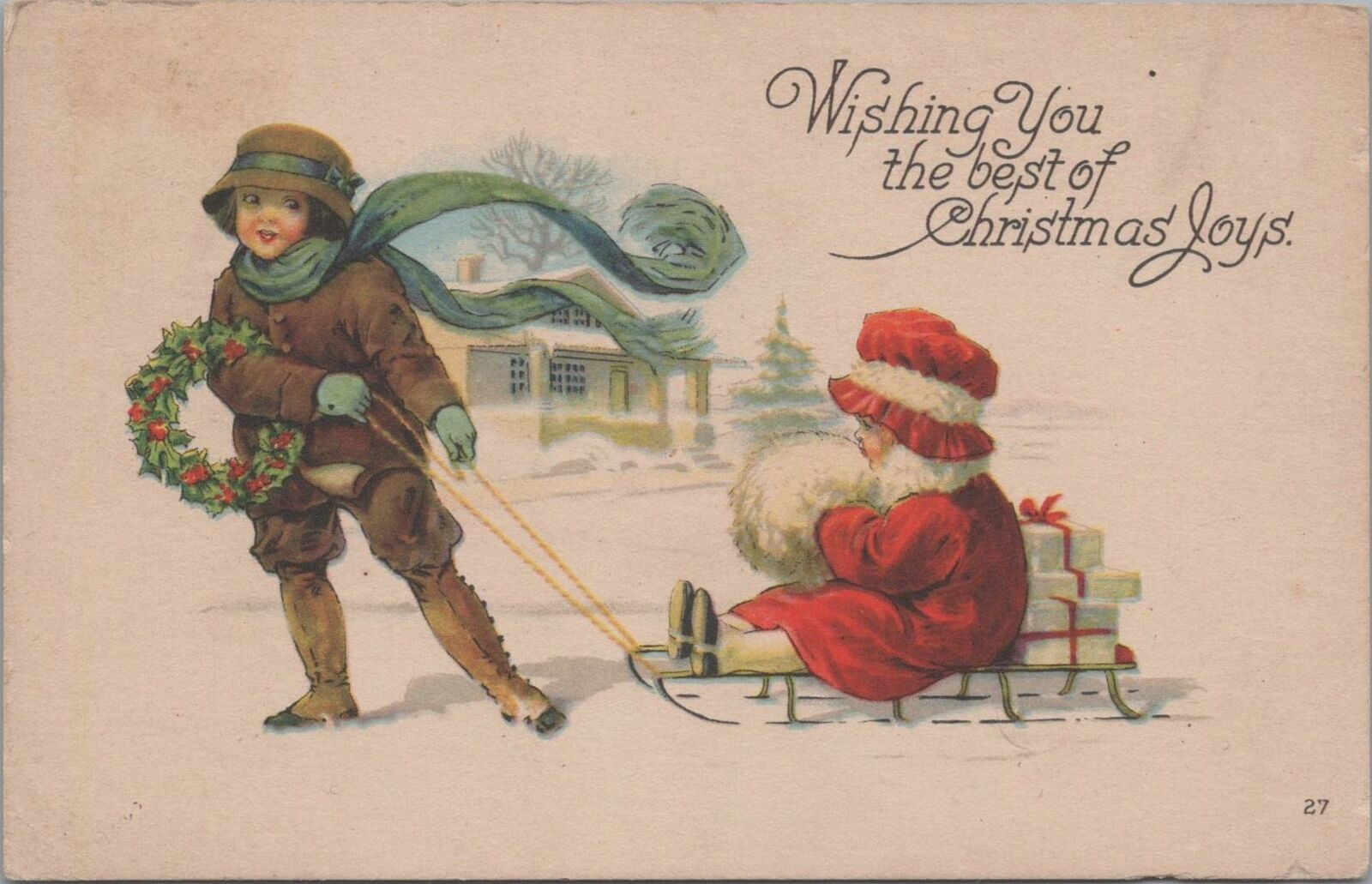 Postcard Wishing You Best Christmas Little Girl on Sled 