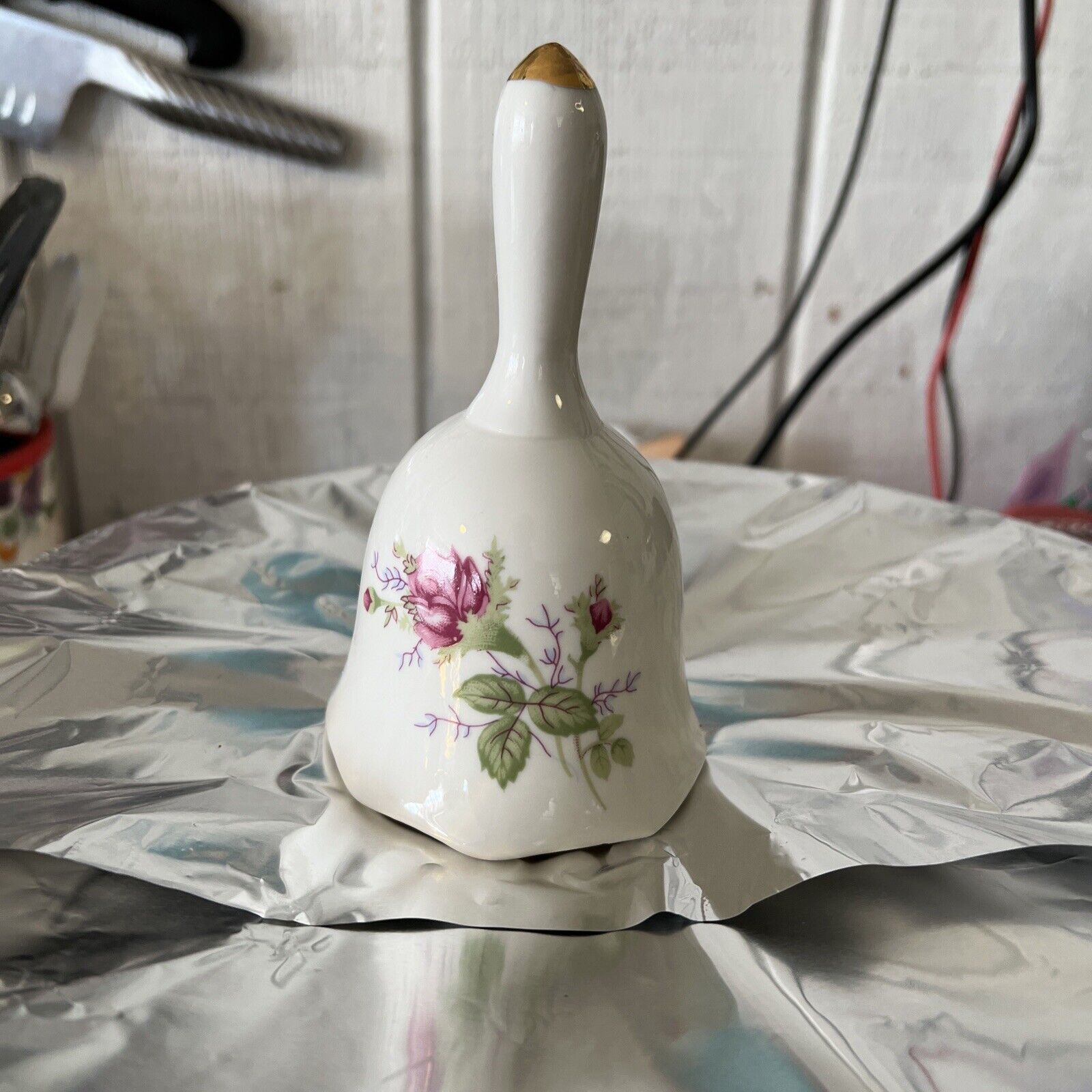 Vintage 1960s Porcelains Bell With Rose Motifs And Gold Tip