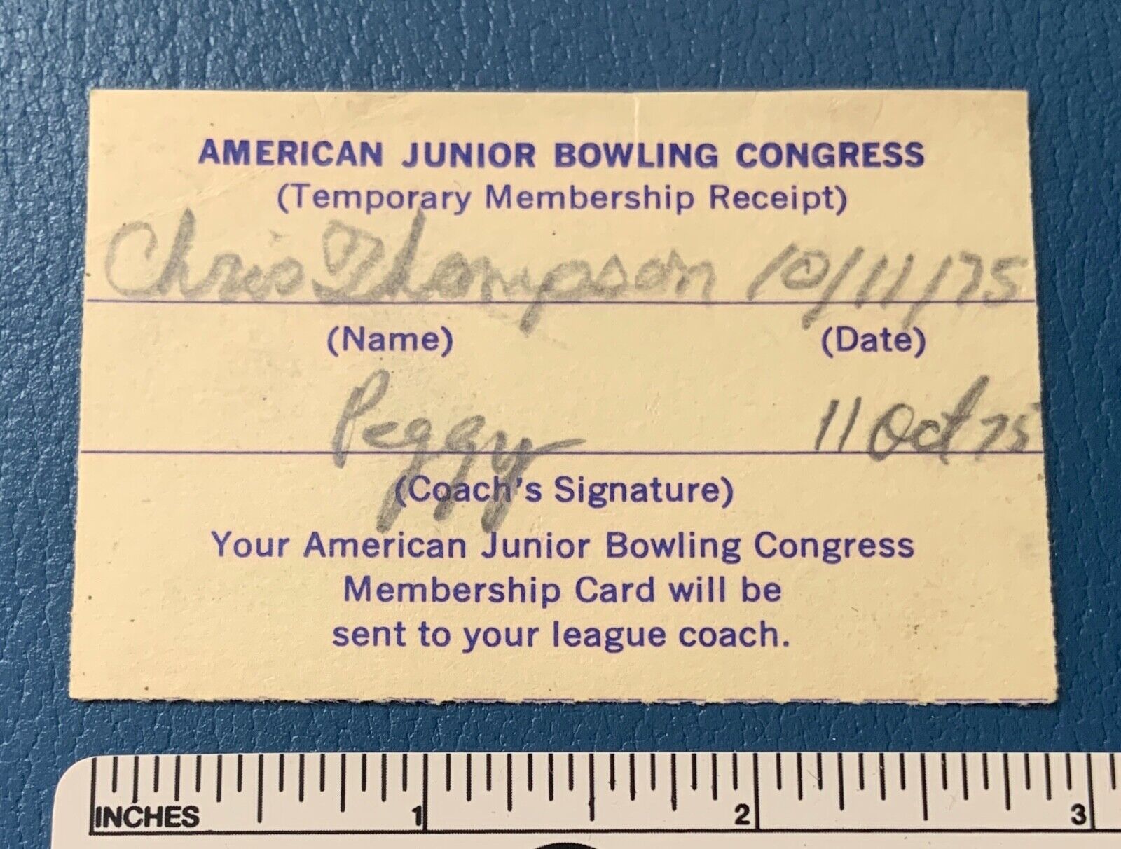 1970s AMERICAN JUNIOR BOWLING CONGRESS Temporary Membership CARD