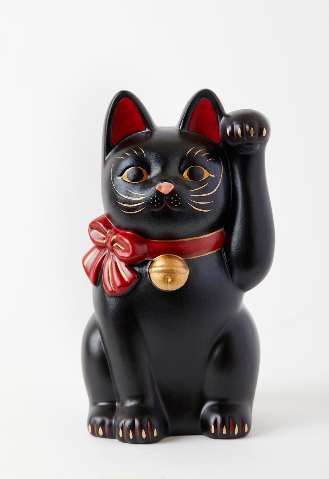 Japanese Hand Painted Lucky Cat SETO Maneki Neko Black Red Ribbon Ceramics Gift