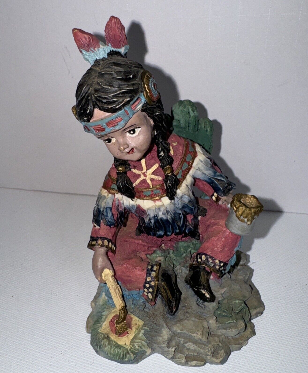 Indian Child Sitting  Painting Figurine American Resin Hand Painted. 4 Inch