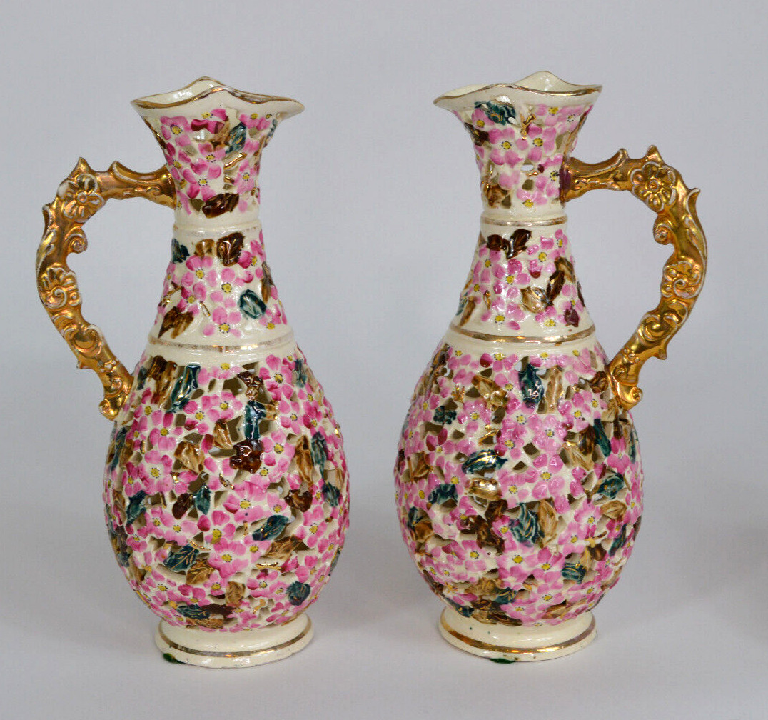 Matching Pair Antique Fischer J. Budapest Hungary Reticulated Pink Floral Ewers