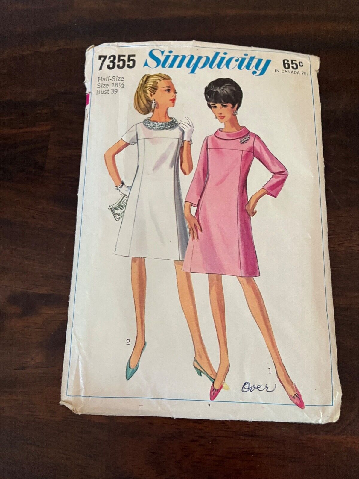 Vtg 1967 Simplicity Pattern 7355 Classic A-Line Dress Size 18-1/2 Bust 39