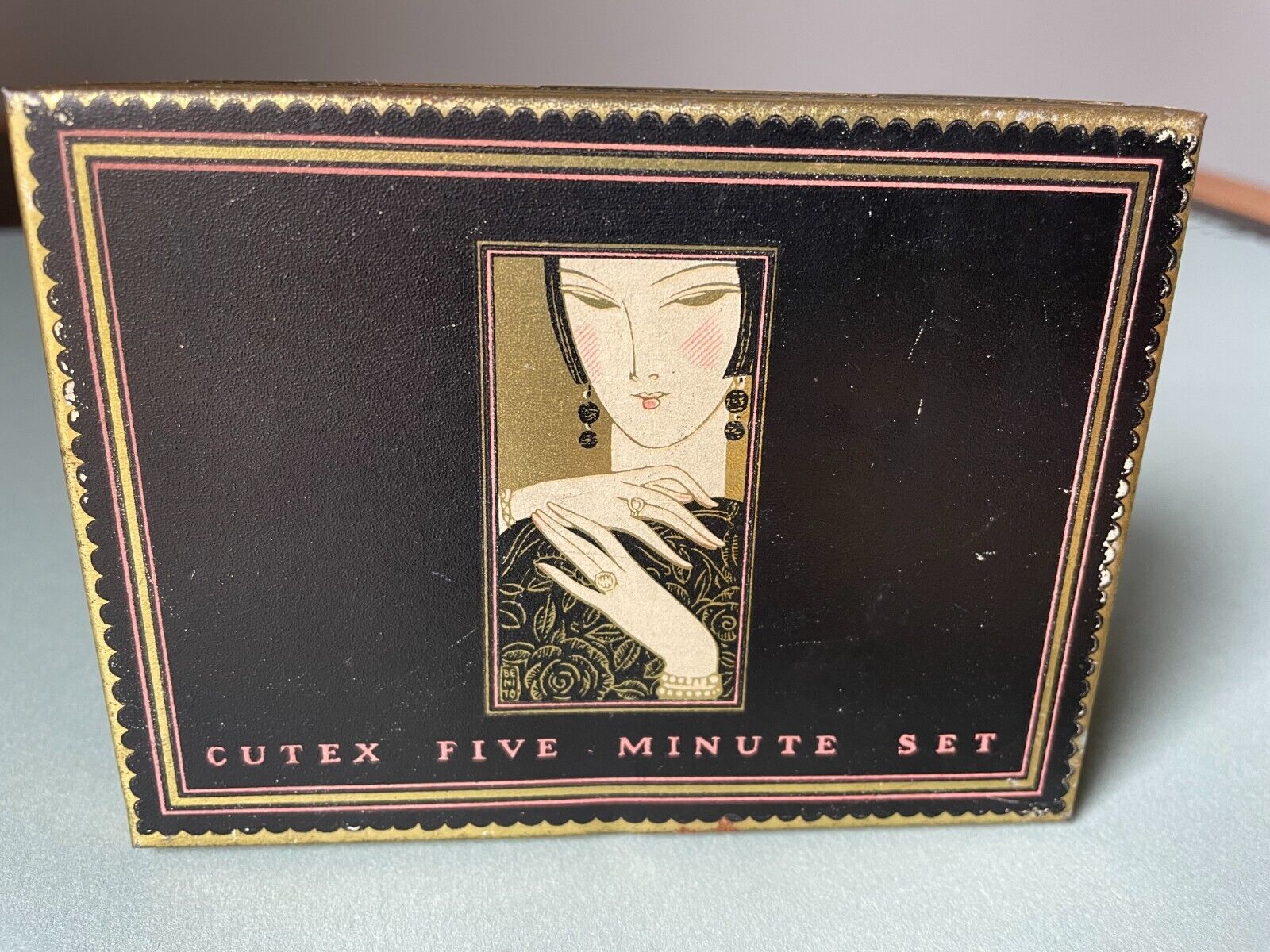Vintage Tin art deco Antique Cutex woman glamorous nails Advertising container