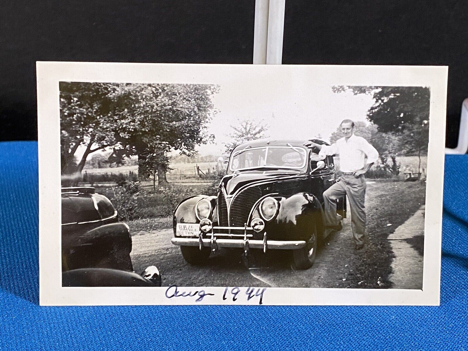 WE WILL WIN License Plate on 1938 Ford Deluxe 1944 WWII Era Vintage Photo