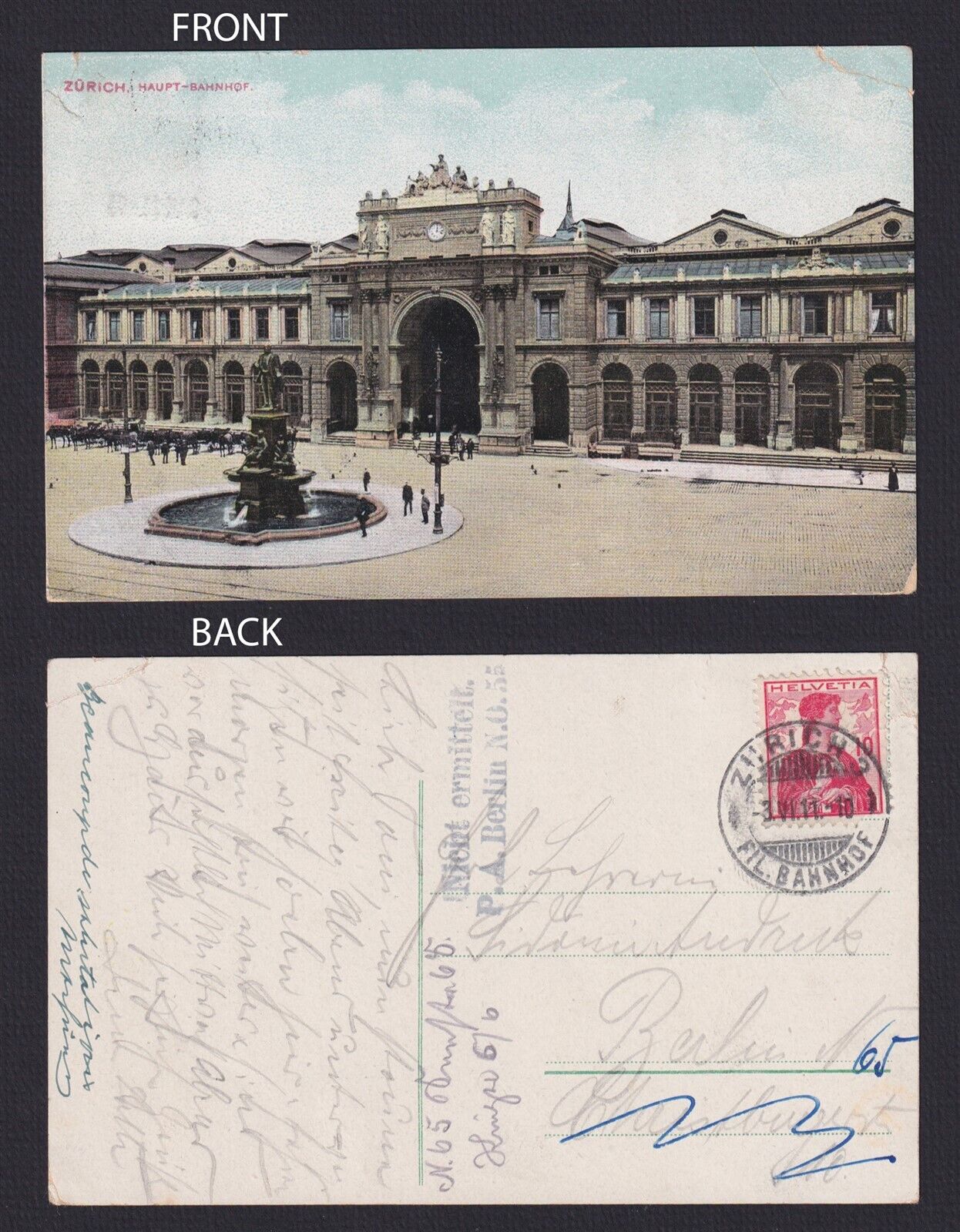 SWITZERLAND 1911, Postcard to Berlin, Zürich Hauptbahnhof