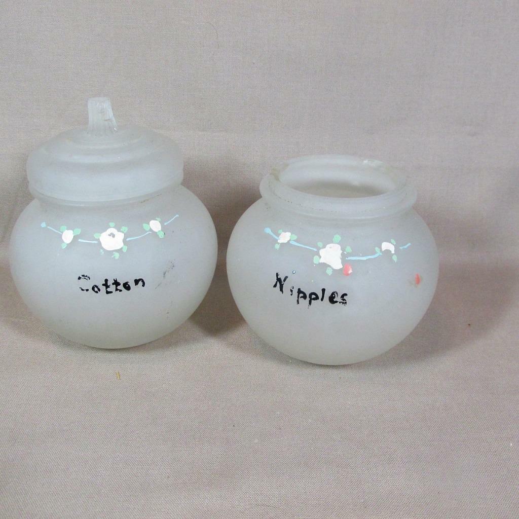 Pair 1930\'s H/P Baby Supply Frosted Glass (Camphor) Nipples, Cotton, one Lid