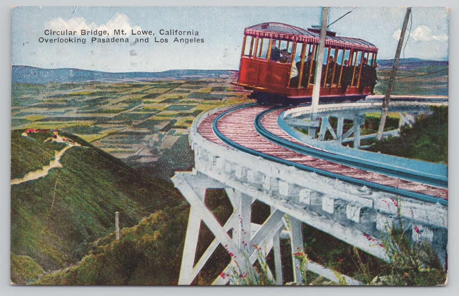 Postcard Mt Lowe CA Circular Bridge Trolley Overlooking Pasadena & Los Angeles