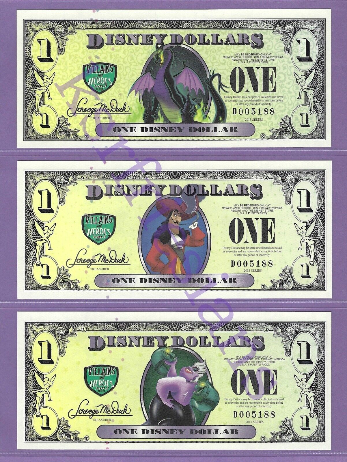 2013 $1 Villains & Heroes DISNEY DOLLARS D005188 WDW 3-X Maleficent Hook Ursula