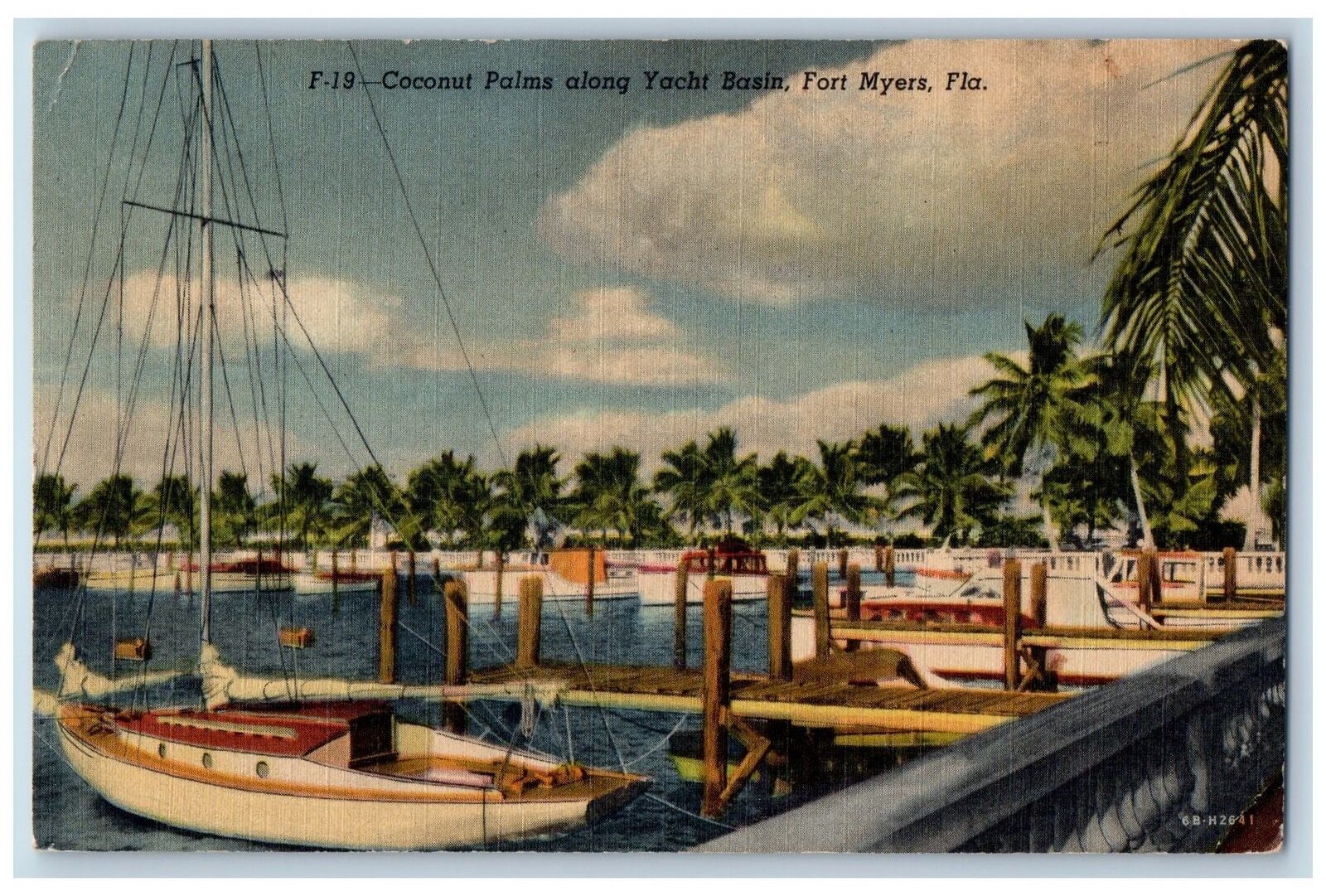 Fort Myers Florida FL Postcard Coconut Palms Along Yacht Basin View 1953 Vintage