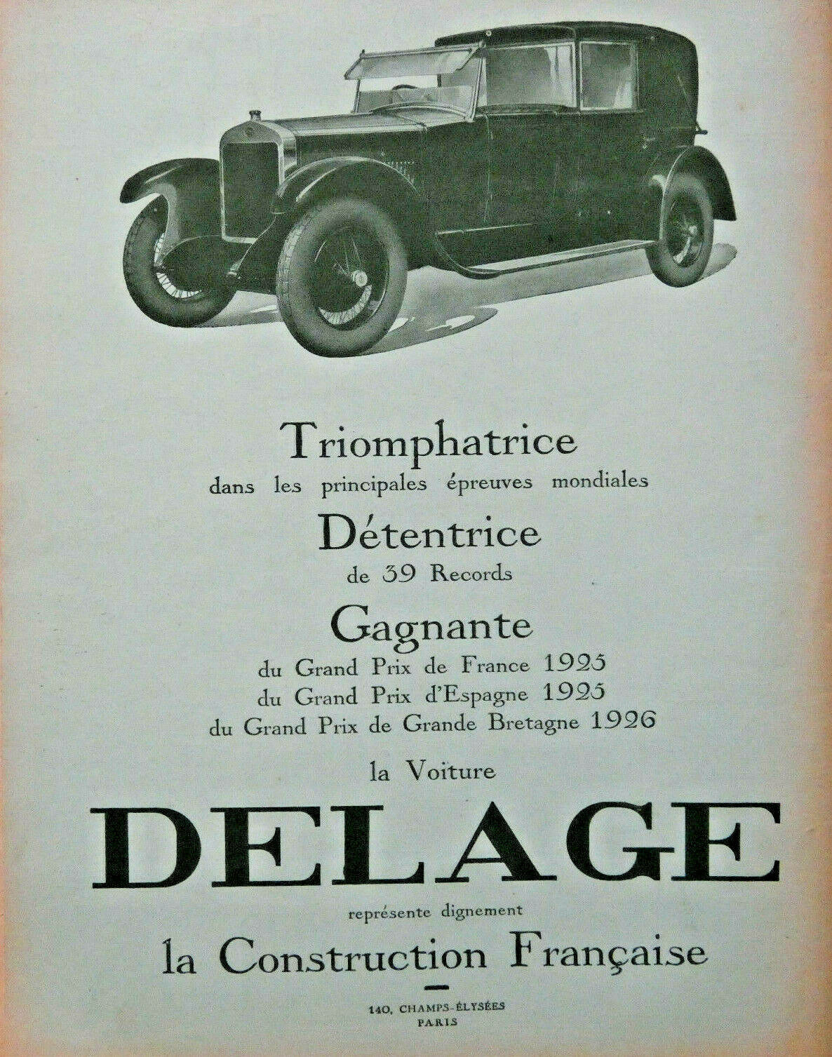 1926 AUTOMOBILES DELAGE 39 RECORD GRAND PRIX DE FRANCE 1925 PRESS ADVERTISEMENT