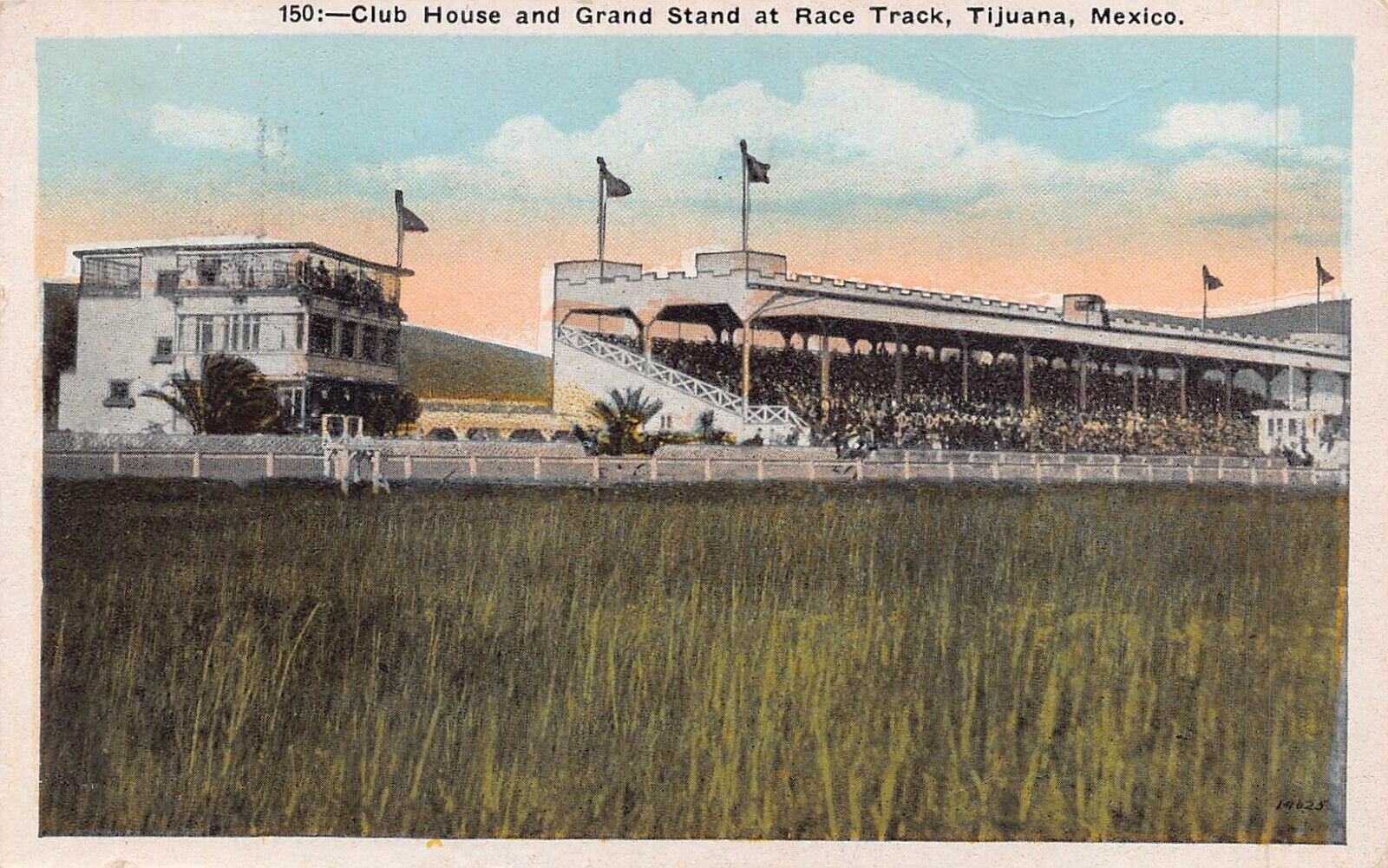 TIJUANA MEXICO~CLUB HOUSE GRAND STAND  AT HORSE RACE TRACK~1928  POSTCARD