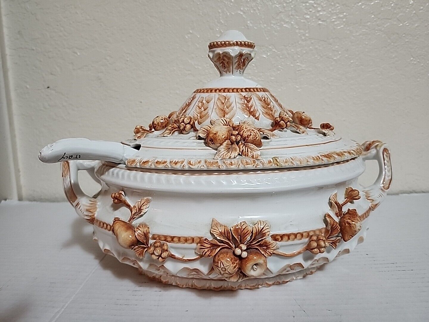 Vintage Italian Tureen Ornate Floral Lidded Pedestal Compote Italy Capodimonte