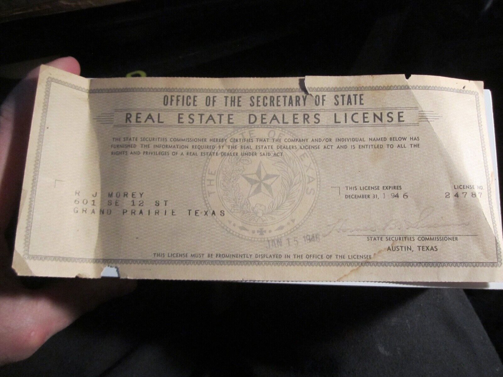 1946 RAY J. MOREY TEXAS REAL ESTATE DEALER'S LICENSE CERTIFICATE - BBA-45