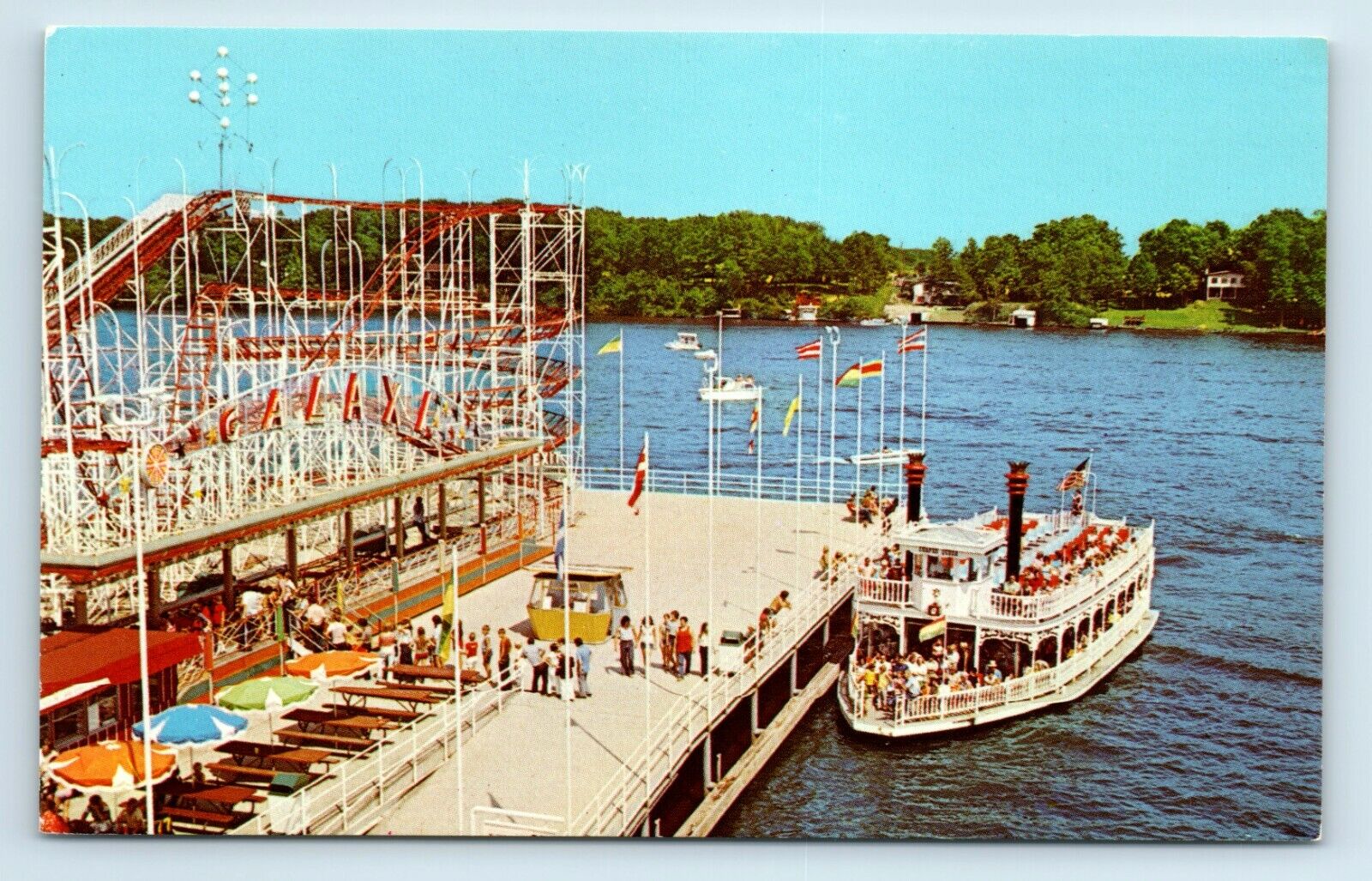 Postcard Indiana Beach, Monticello, IN Lake Shafer swimming boating shops X73