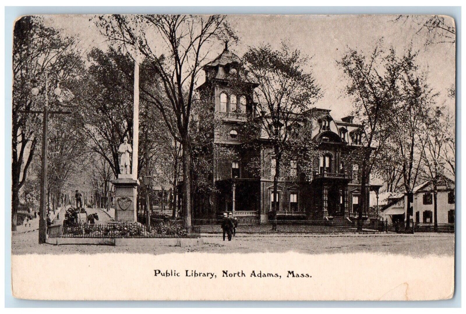c1905's Public Library Statue Street View North Adams Massachusetts MA Postcard
