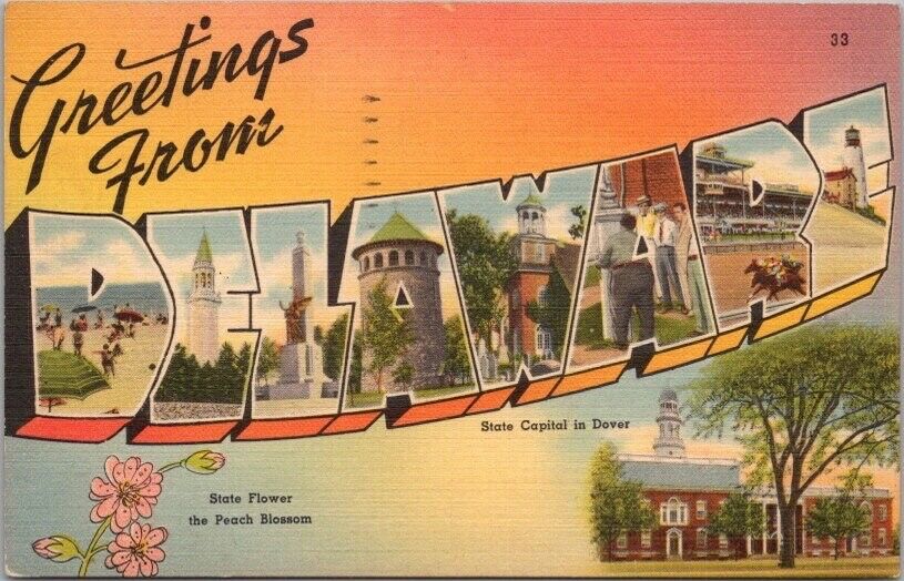 DELAWARE Large Letter Postcard State Capitol and Flower - Tichnor Linen - 1954