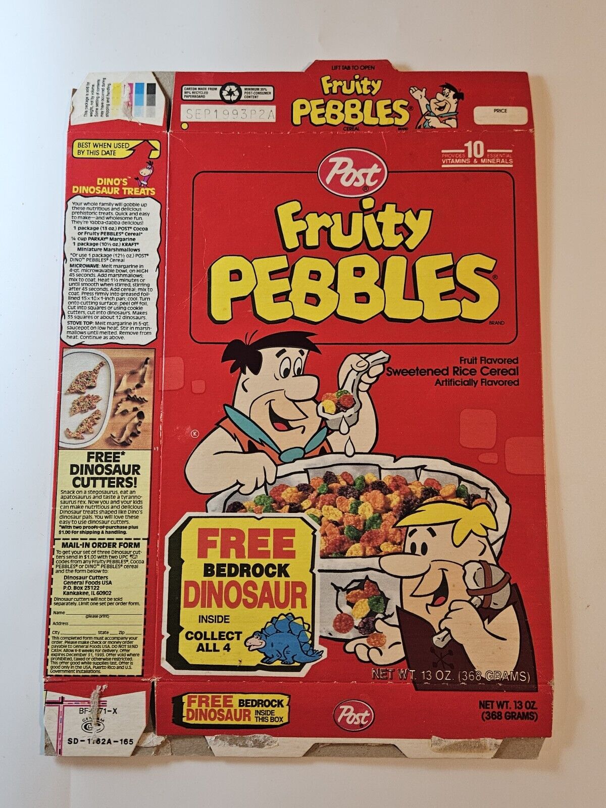 1993 POST FRUITY PEBBLES Empty CEREAL BOX Flat Bedrock Dinosaur Toy Promo