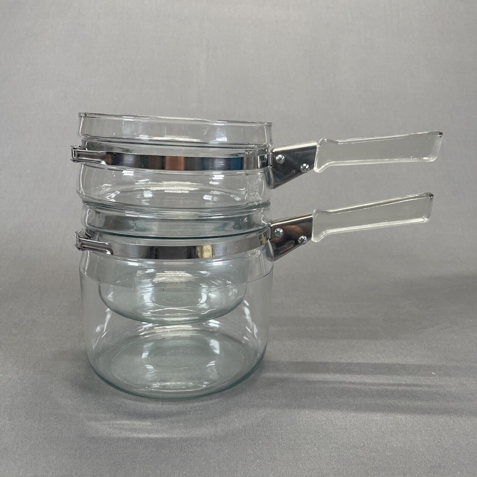 Vintage Pyrex Flameware Double Boiler Complete Set 3 Pieces Glass Handle