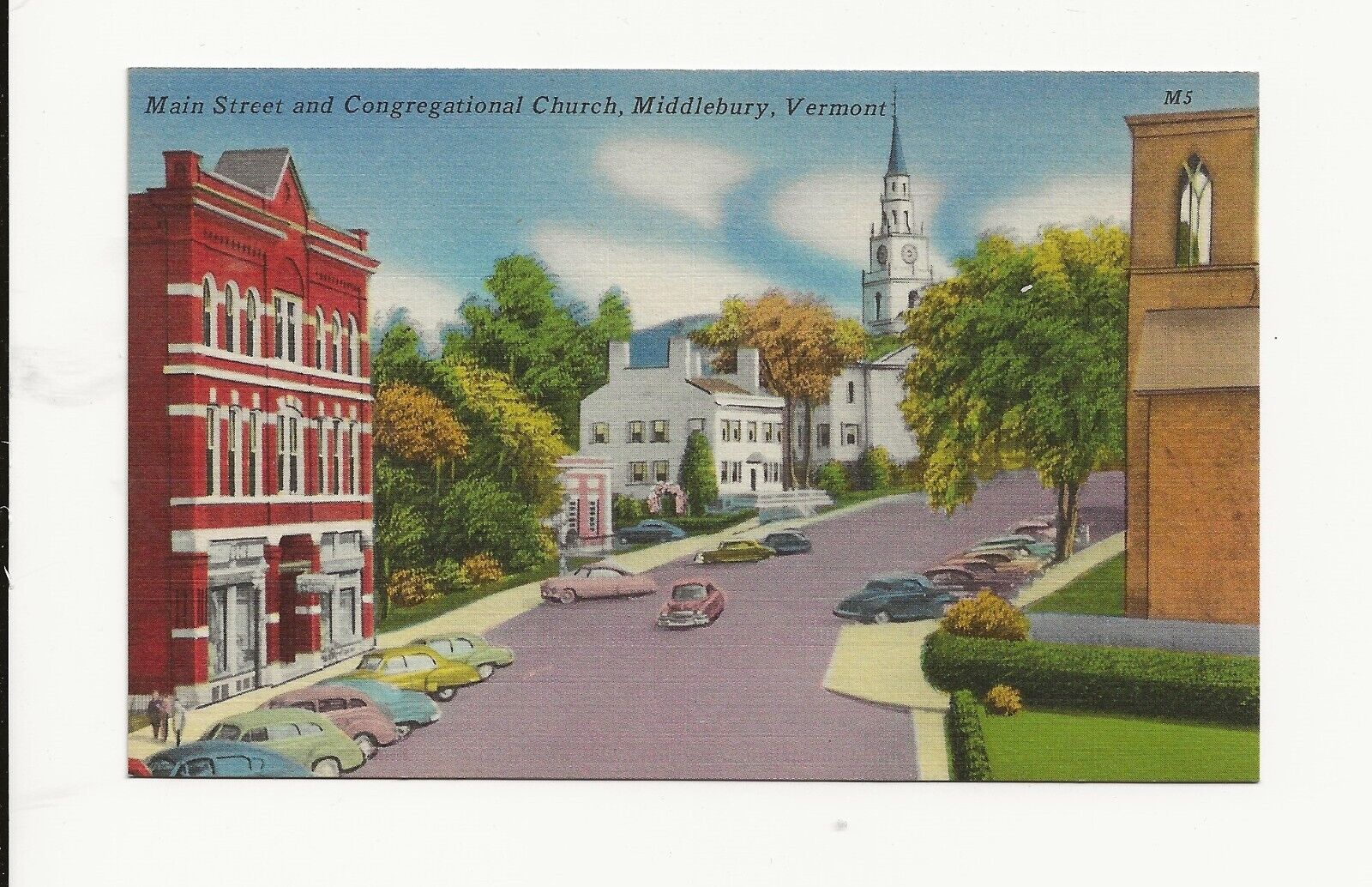 Vintage Postcard **  MAIN ST. & CONGREGATIONAL CHURCH * MIDDLEBURY VERMONT * VT