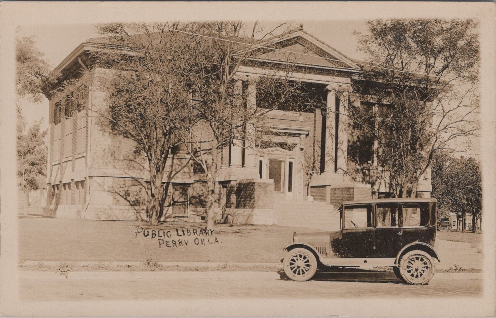 Public Library Perry Oklahoma Old Car RPPC Photo Postcard