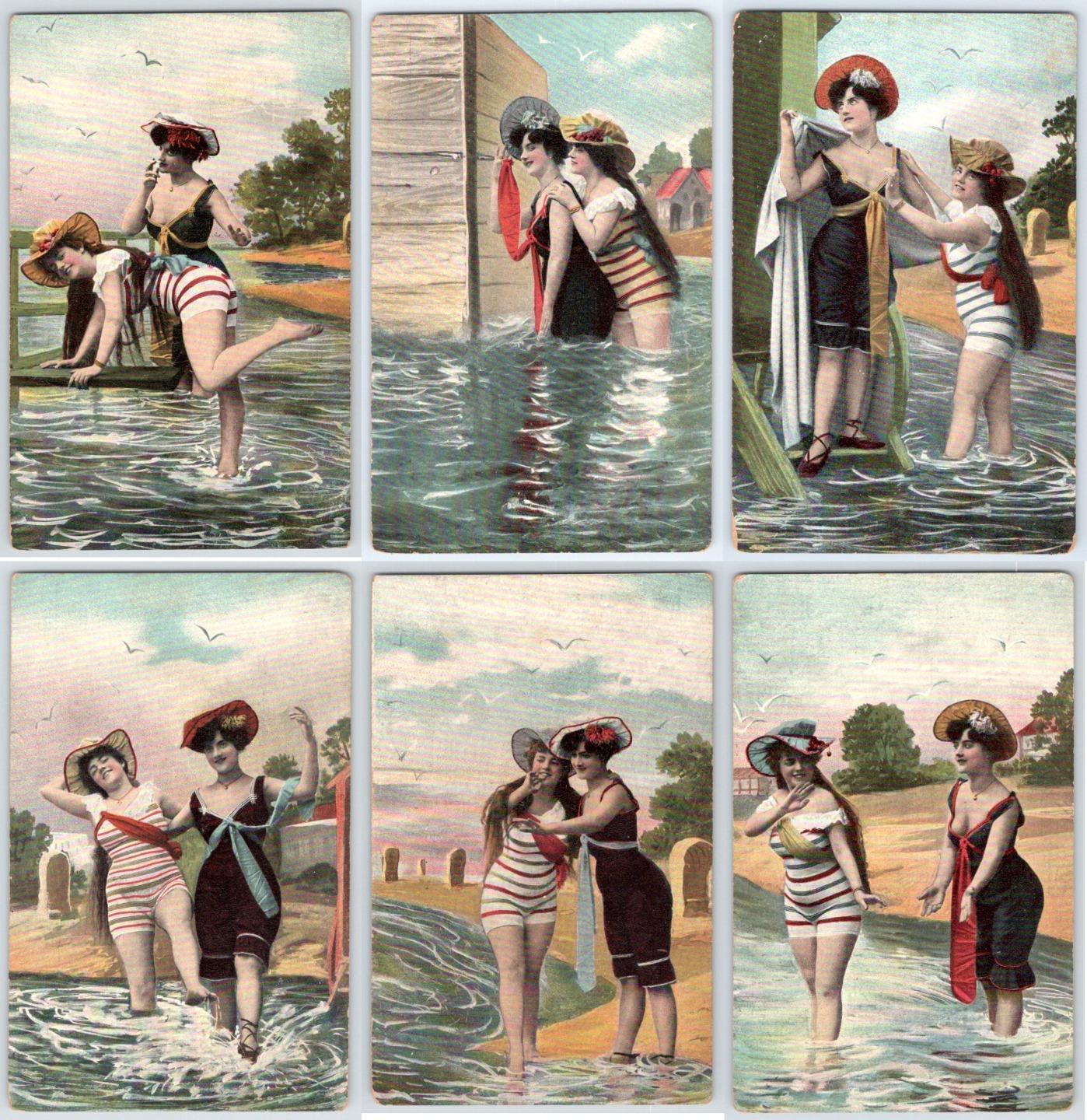1910-20's SET/6 BATHING BEAUTIES SWIMSUITS AFFECTIONATE WOMEN BEACH POSTCARDS