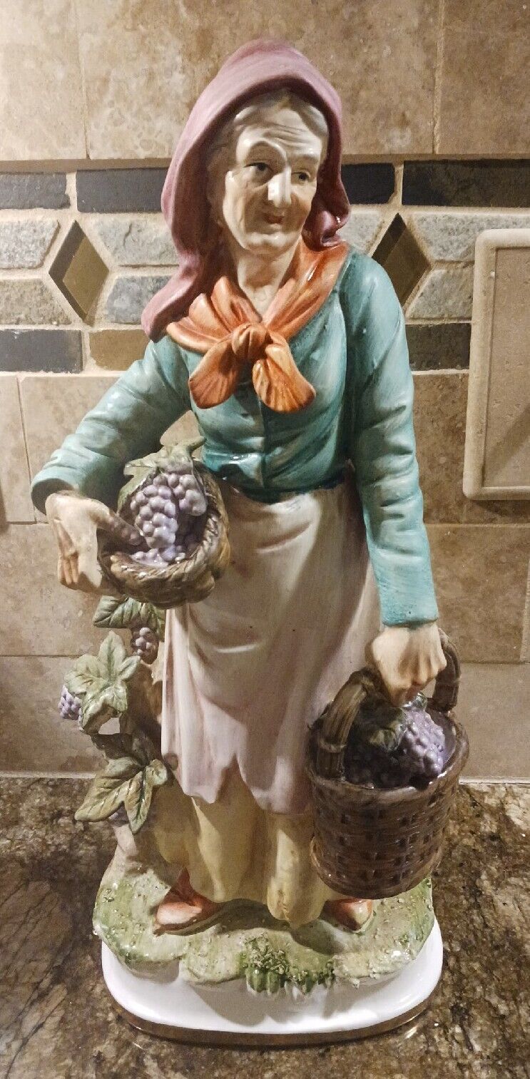 Vintage Old Woman Porcelain Figurine Statue Fruit Baskets