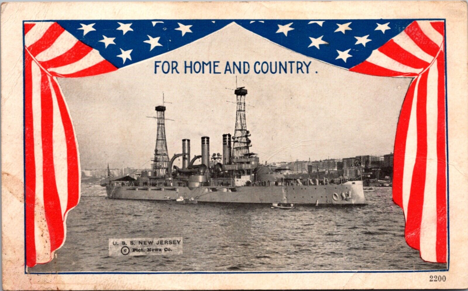 Postcard American Flag and U.S.S. New Jersey