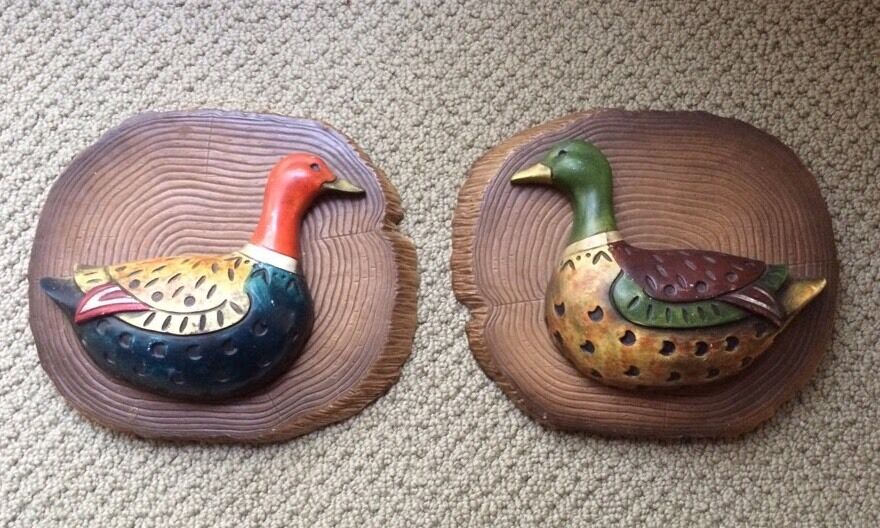 VTG Lefton Porcelain Duck Wall Plaques Set Of 2 with Stickers #5224 Signed