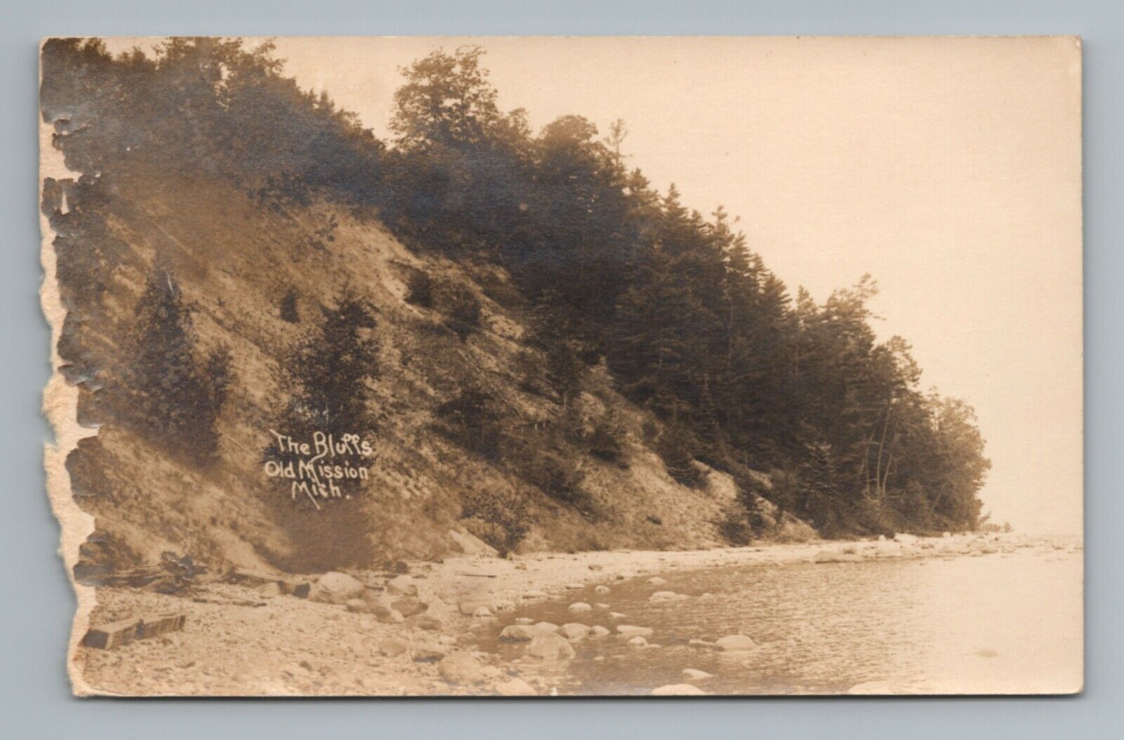 The Bluffs Old Mission Michigan Damaged RPPC Photo Vintage Postcard