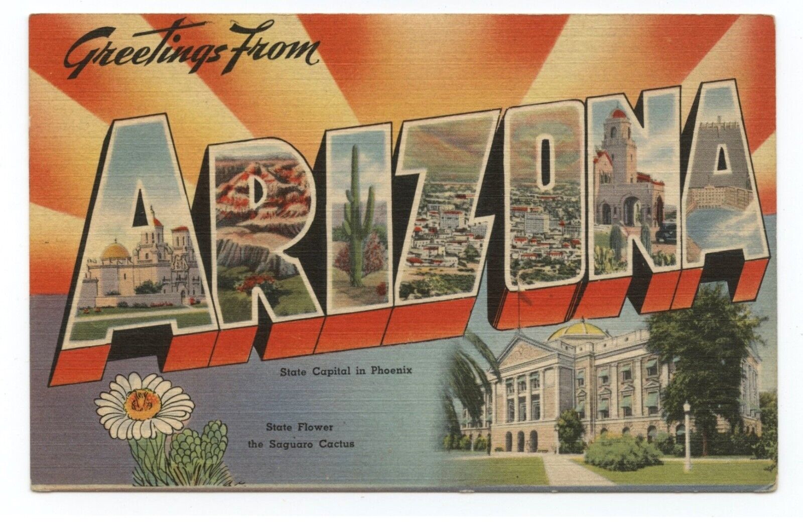 Greetings From Arizona - Linen Large Letter Postcard