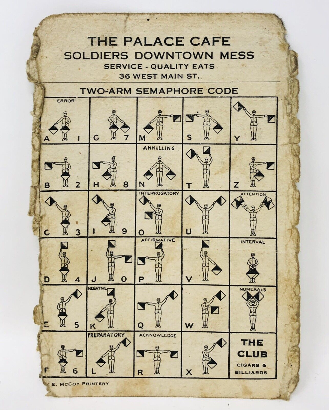 Unique WWI Semaphore Code Card w/ Local Advertising Soldier “The Club” Cigars
