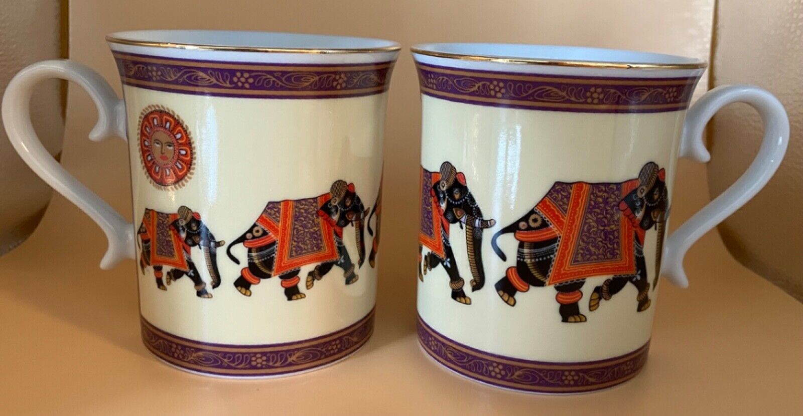 Pair of FESTIVAL ELEPHANTS Porcelain Coffee Mugs, Past Times Made in Japan, 8443