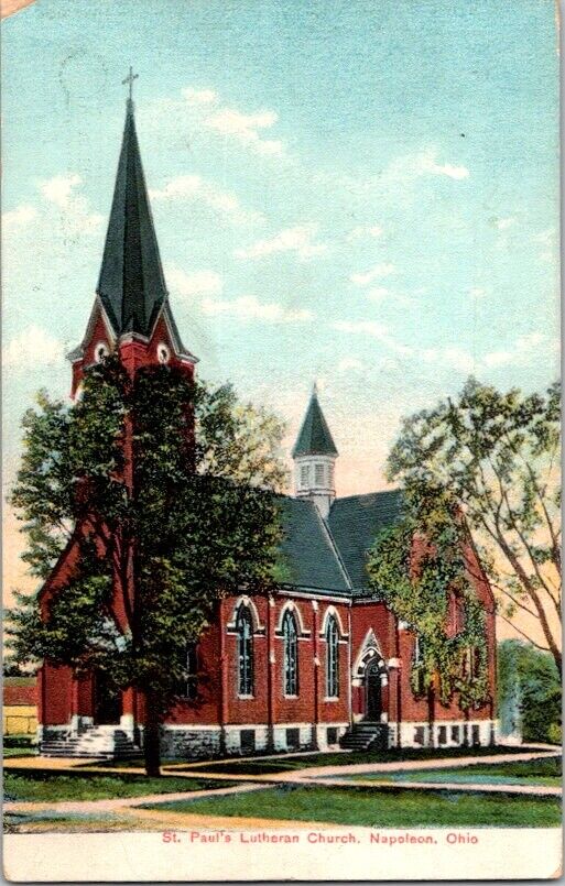  Postcard St Paul\'s Lutheran Church Napoleon OH Ohio 1915 Litho-Chrome     E-685