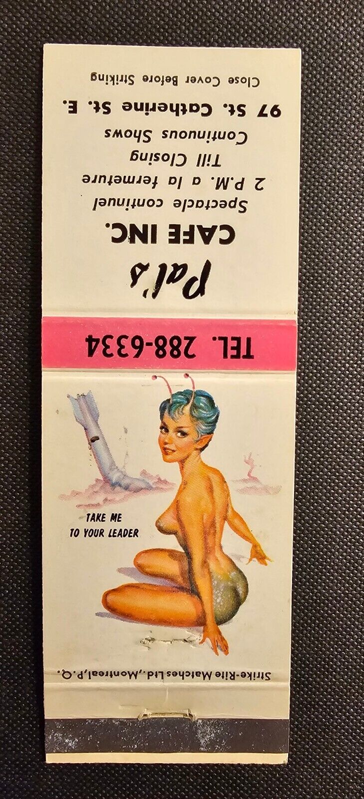 SEXIST VINTAGE Matchbook Cover Pinup Pal's Cafe Alien Take Me To Your Leader
