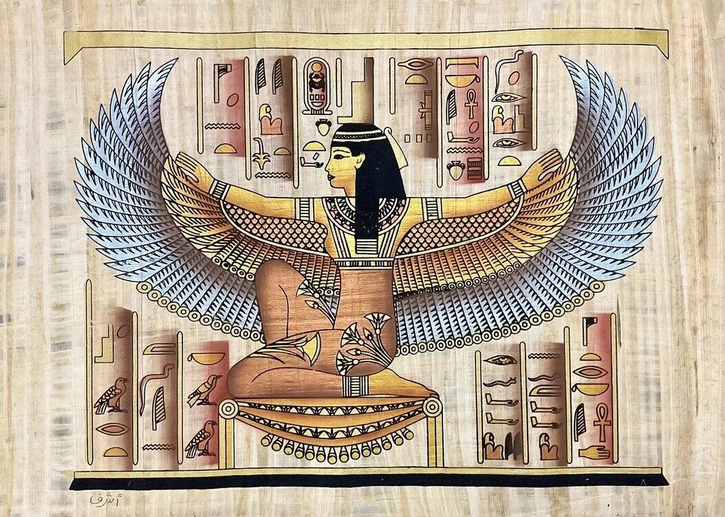 Rare Authentic Hand Painted Ancient Egyptian Papyrus-Isis Goddess -17x25  Inch
