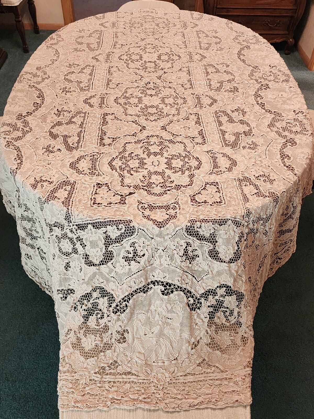 INCREDIBLE Antique NEEDLELACE Figural LACE TABLECLOTH 104\