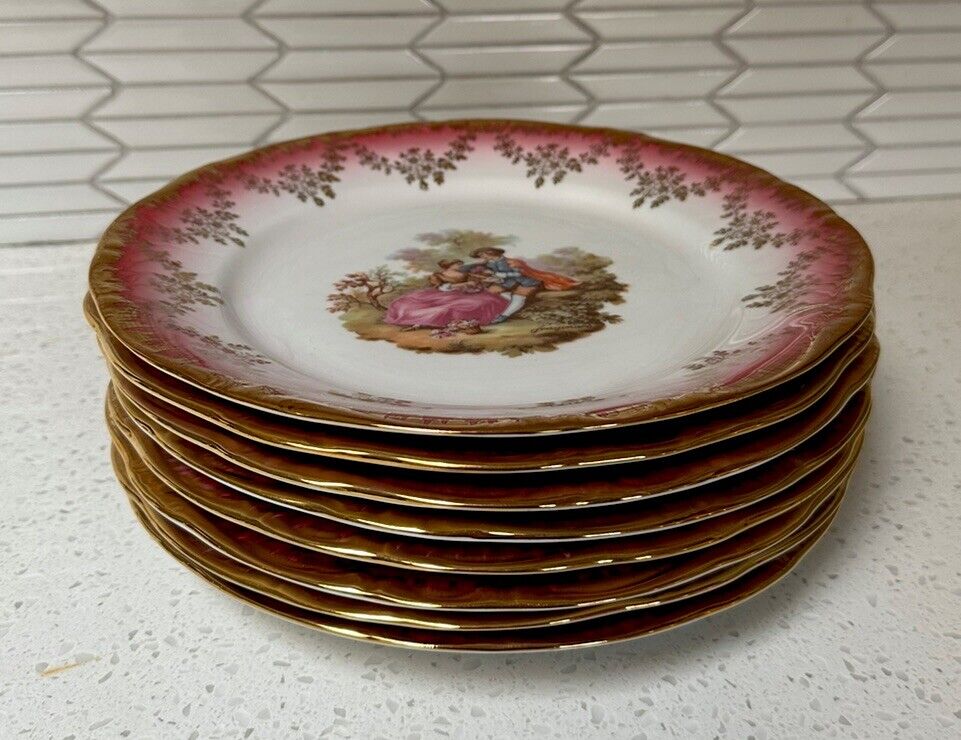 Kunst-Palette Regnitzlosau 10” Dinner Plates 22K Gold Set of 8 Pink Coquette