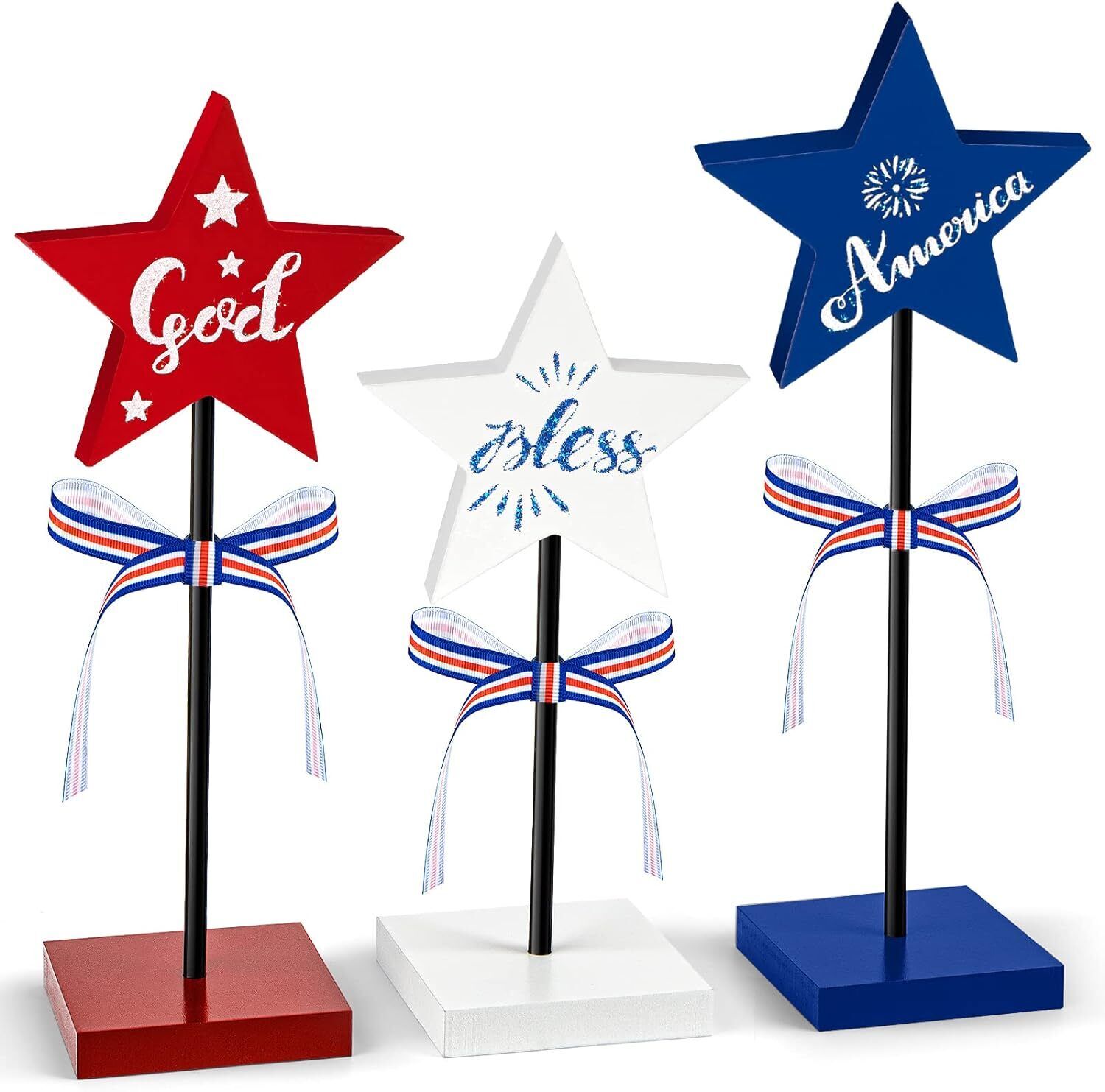 3 Pieces 4th of July Table Decorations Wood Star Set, Patriotic Tiered Word 
