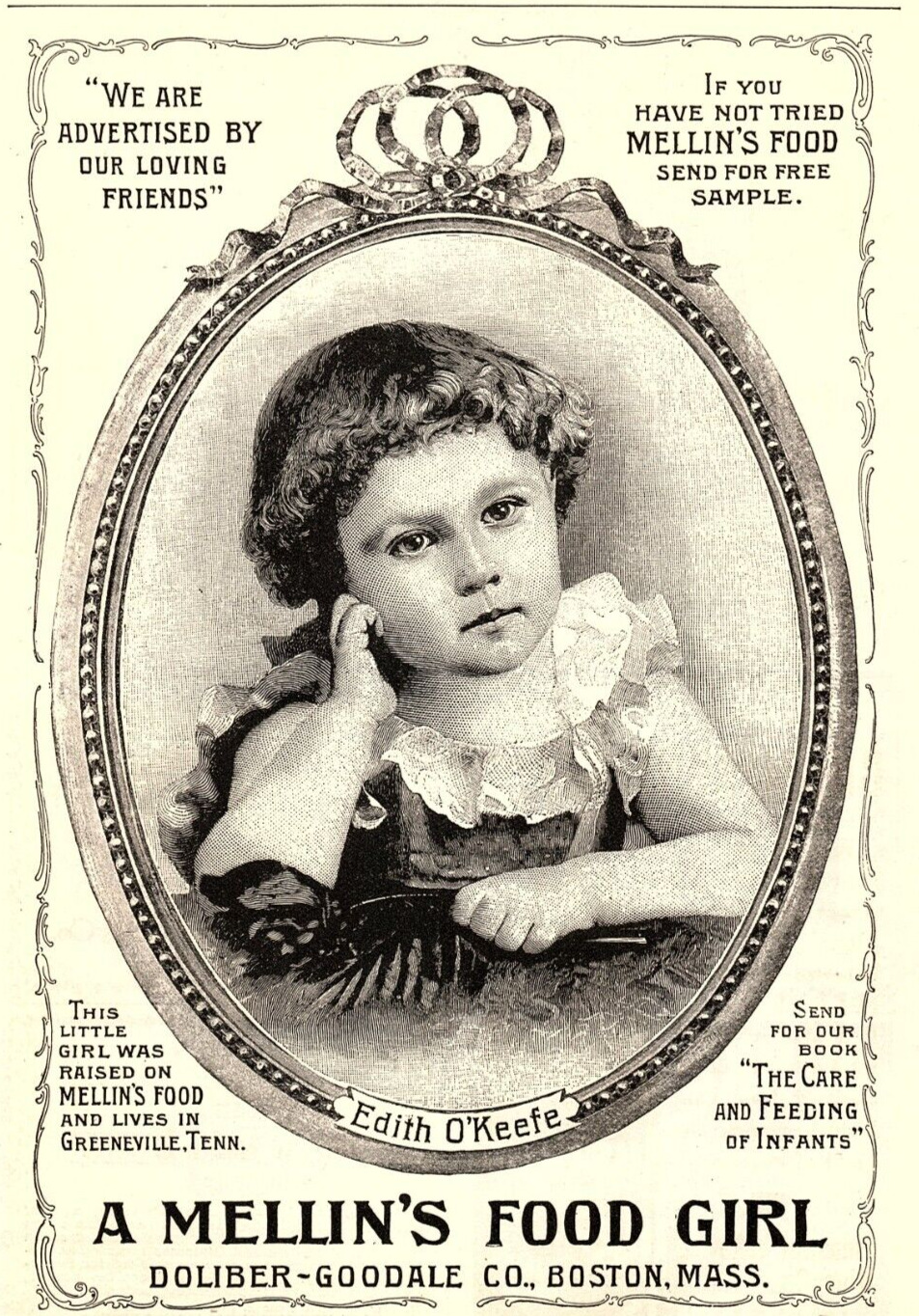 1896 MELLIN\'S BABY FOOD BOSTON MASS A MELLIN\'S FOOD GIRL ADVERTISEMENT Z701